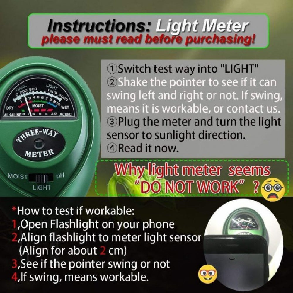 3 Way Soil Meter For Moisture, Light Intensity and pH Testing