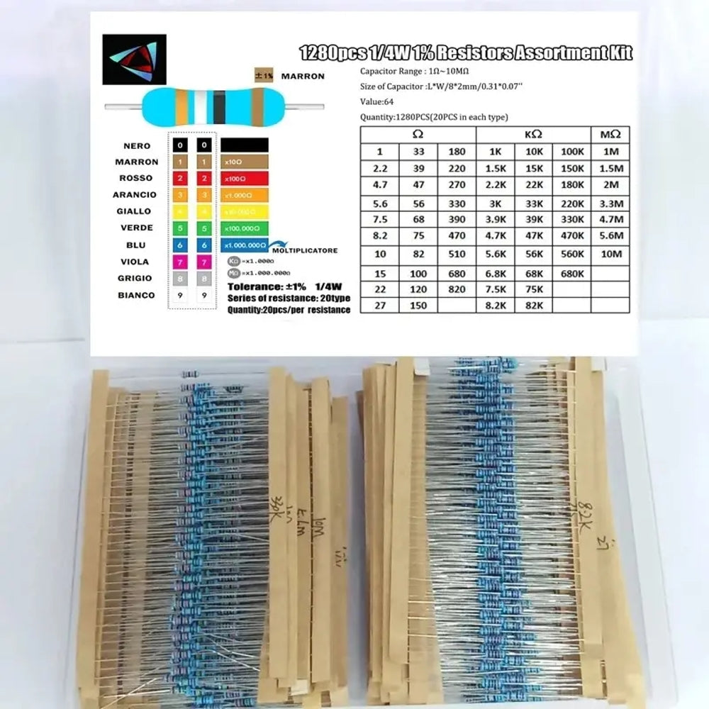 64 resistance values 1/4W 1% 1280PCS 1ohm-10Mohm Metal film resistor Resistors Assortment kit