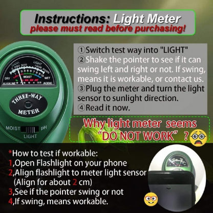 3 Way Soil Meter For Moisture, Light Intensity and pH Testing