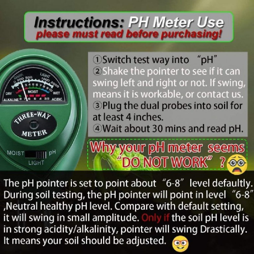 3 Way Soil Meter For Moisture, Light Intensity and pH Testing