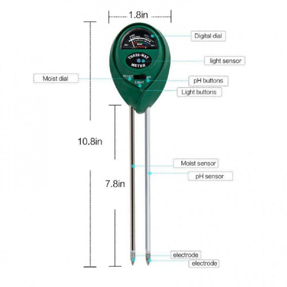 3 Way Soil Meter For Moisture, Light Intensity and pH Testing