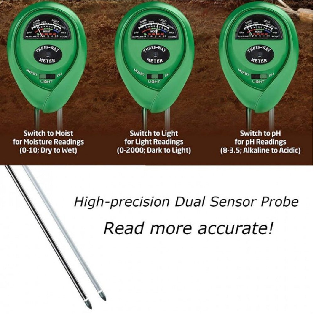3 Way Soil Meter For Moisture, Light Intensity and pH Testing