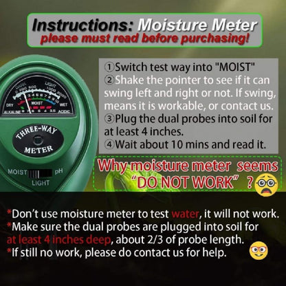 3 Way Soil Meter For Moisture, Light Intensity and pH Testing