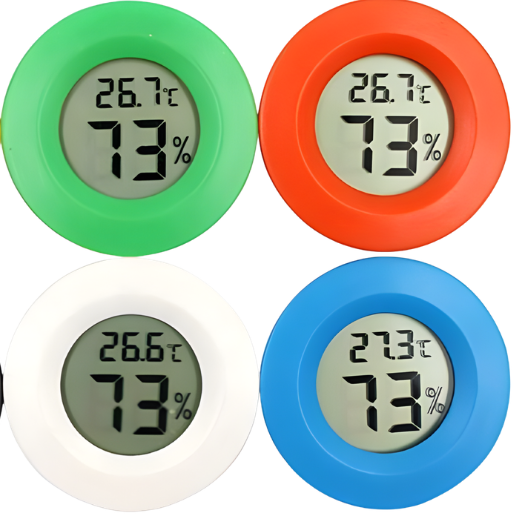 Set of six digital thermometers and hygrometers in different colors with temperature and humidity readings.
